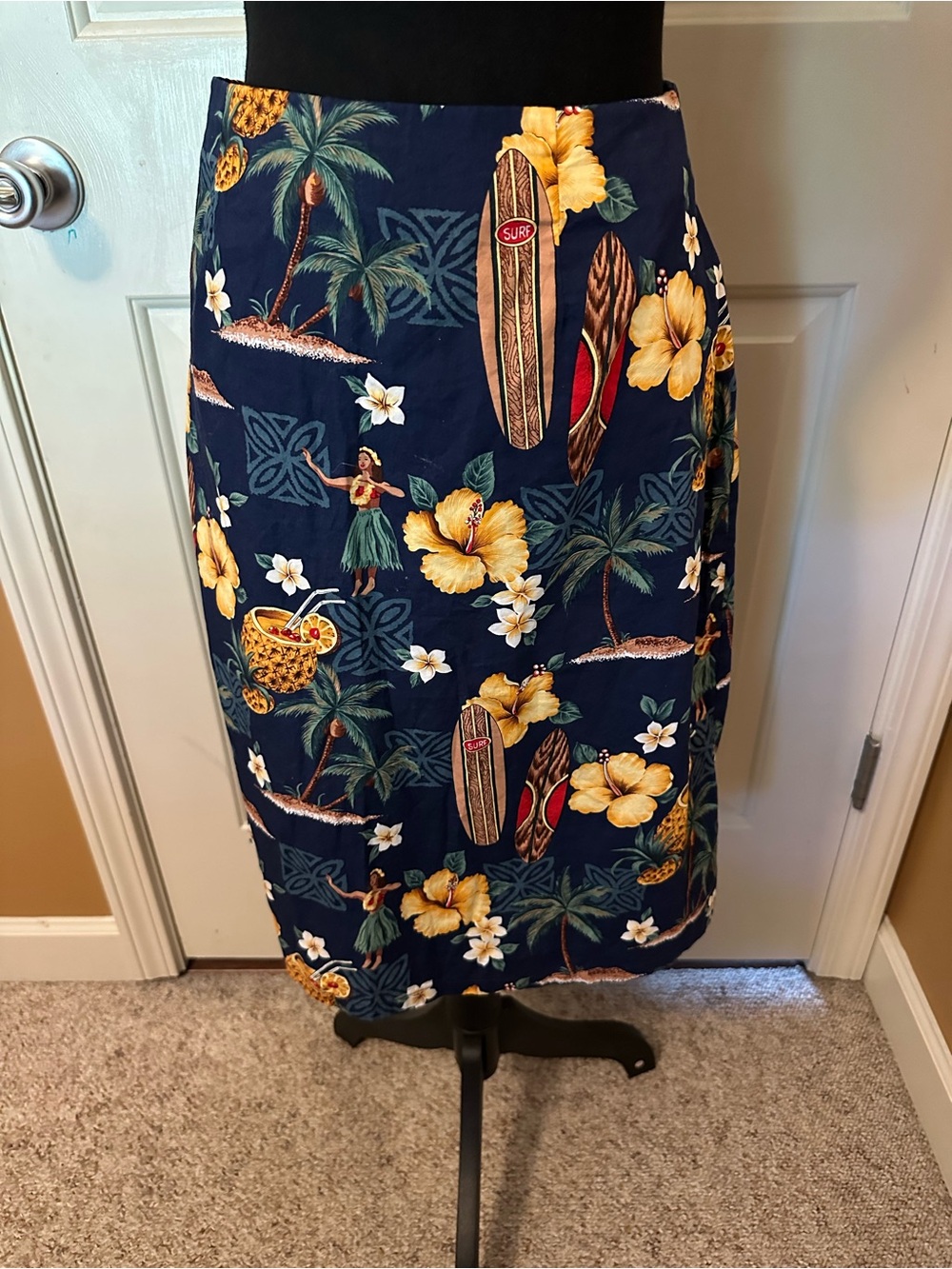 Navy Tropical Print Midi Skirt with Yellow Hibiscus